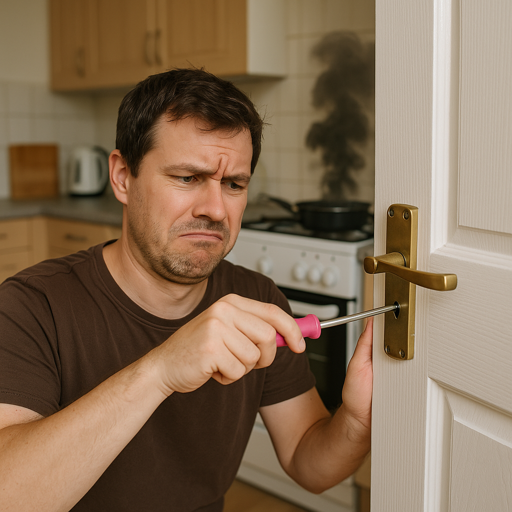 A man in a casual outfit intently trying to repair a wooden door with a pink screwdriver