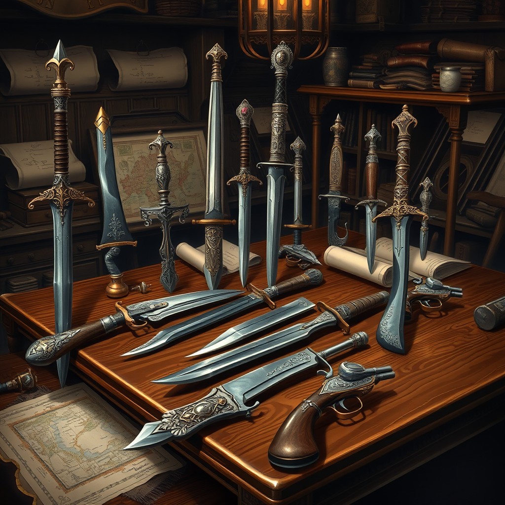 An intricate illustration of an antique weapon inventory, showcasing various unique weapons such as ornate swords, intricate daggers, and unique firearms, all displayed on a richly textured wooden table