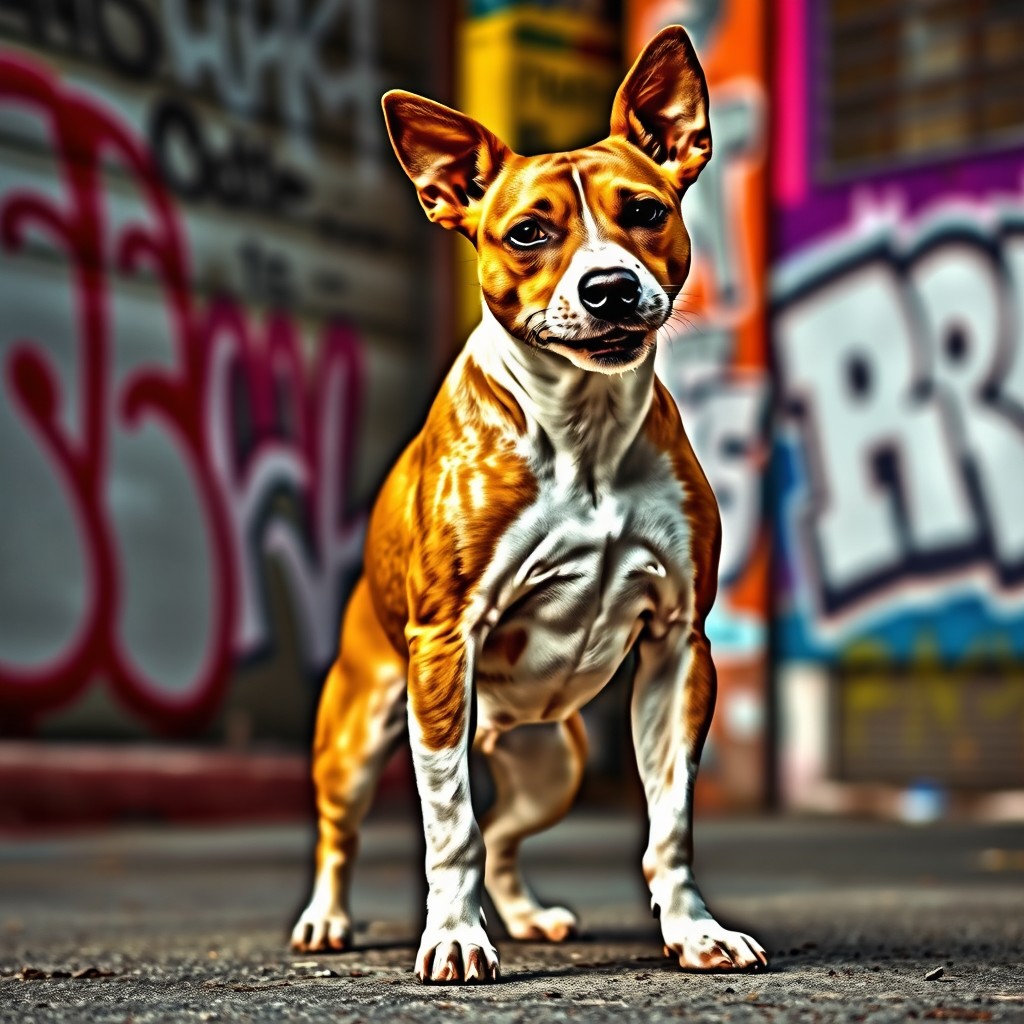 A muscular Jack Russell Terrier with a rugged physique, holding a cigarette playfully in its mouth