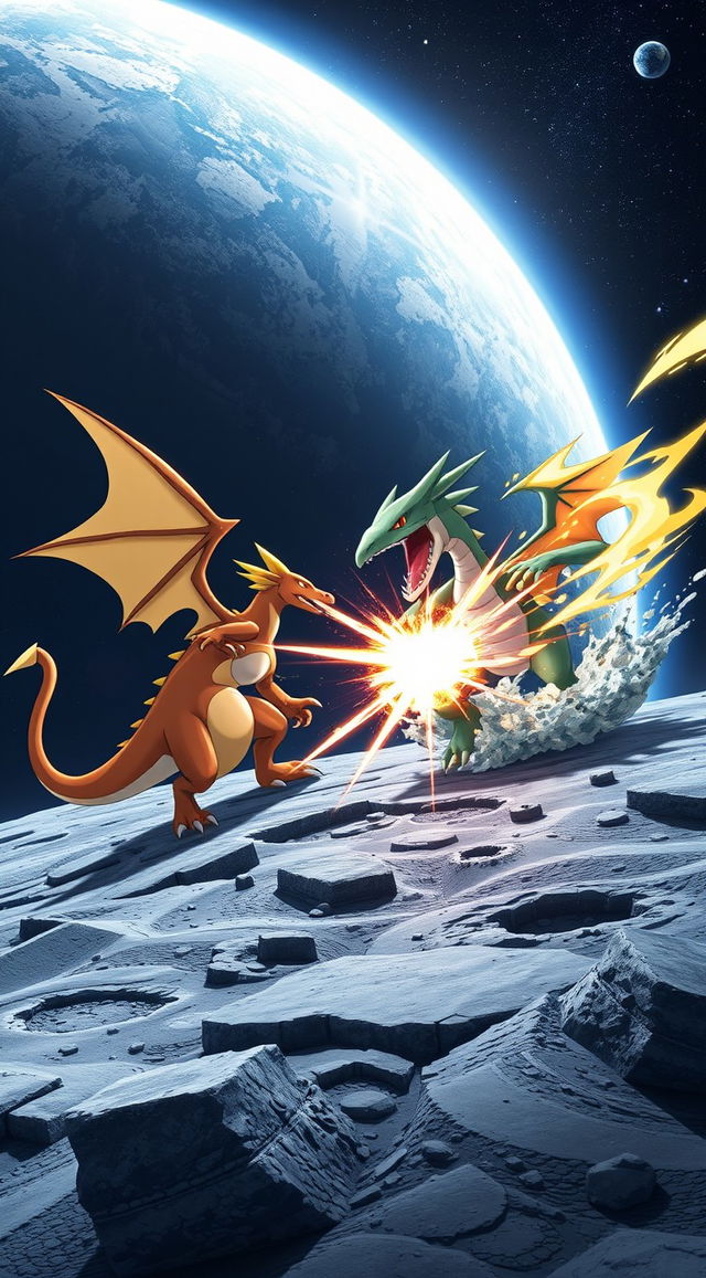 A thrilling Pokémon battle taking place on the moon's surface, showcasing two powerful Pokémon, a fierce Charizard with fiery wings and a determined Gyarados with splashing water, battling against a stunning backdrop of the Earth shining brightly in the starry sky