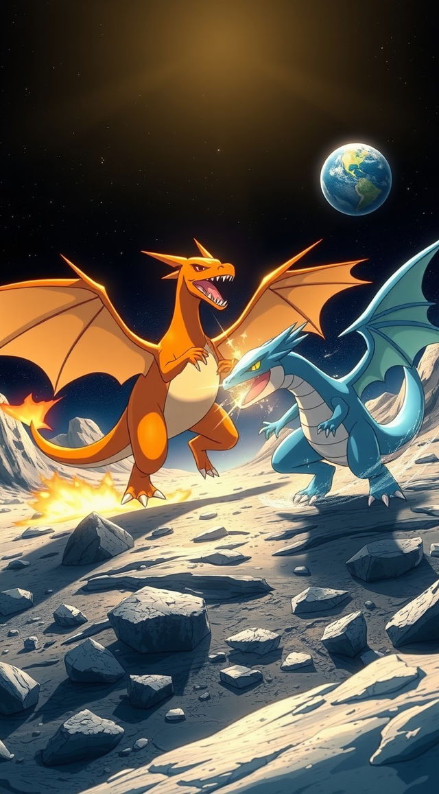 A thrilling Pokémon battle on the moon's surface, featuring two Pokémon in an epic showdown