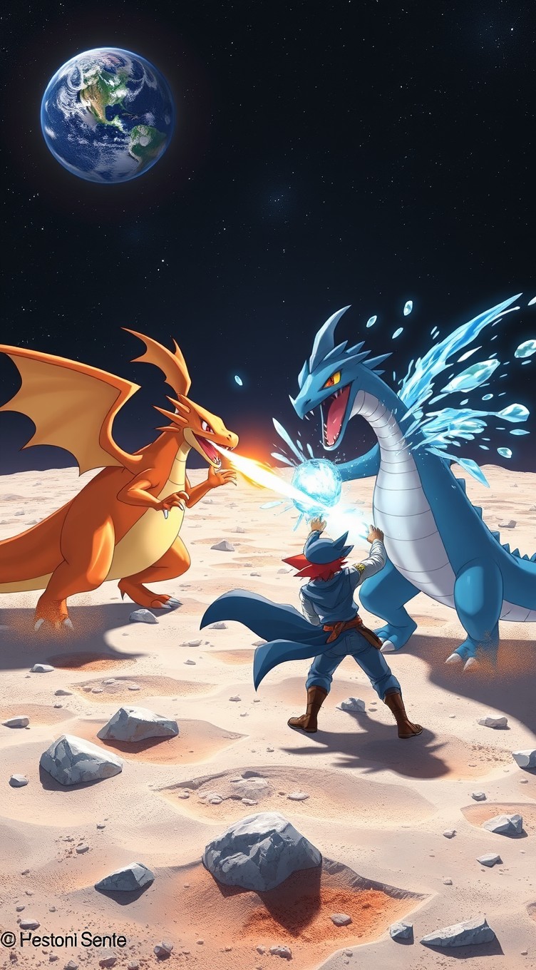 A dynamic and intense Pokémon battle taking place on the moon's surface