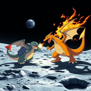 An epic Pokémon battle taking place on the moon's surface, featuring two Pokémon in intense combat