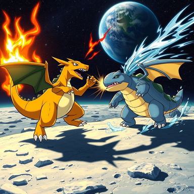 An epic Pokémon battle taking place on the moon's surface, featuring two Pokémon in intense combat