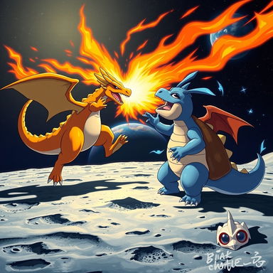 An epic Pokémon battle taking place on the moon's surface, featuring two Pokémon in intense combat