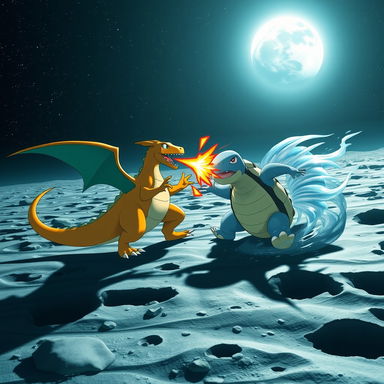 An epic Pokémon battle taking place on the moon's surface, featuring two Pokémon in intense combat