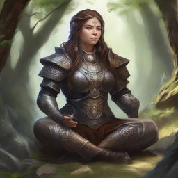 dwarven female kineticist meditates amid nature wearing her heavy armor while manipulating energy arround her