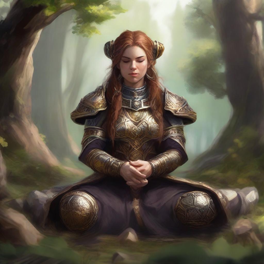 dwarven female kineticist meditates amid nature wearing her heavy armor while manipulating energy arround her