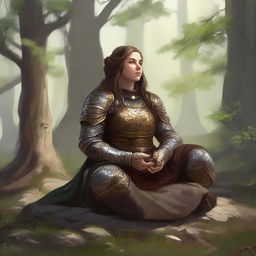 dwarven female kineticist meditates amid nature wearing her heavy armor while manipulating energy arround her