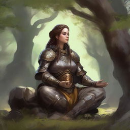 dwarven female kineticist meditates amid nature wearing her heavy armor while manipulating energy arround her