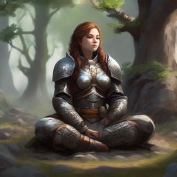 dwarven female kineticist meditates amid nature wearing her heavy armor while controlling energy around her