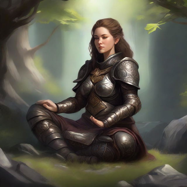 dwarven female kineticist meditates amid nature wearing her heavy armor while controlling energy around her