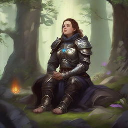 dwarven female kineticist meditates amid nature wearing her heavy armor while controlling energy around her