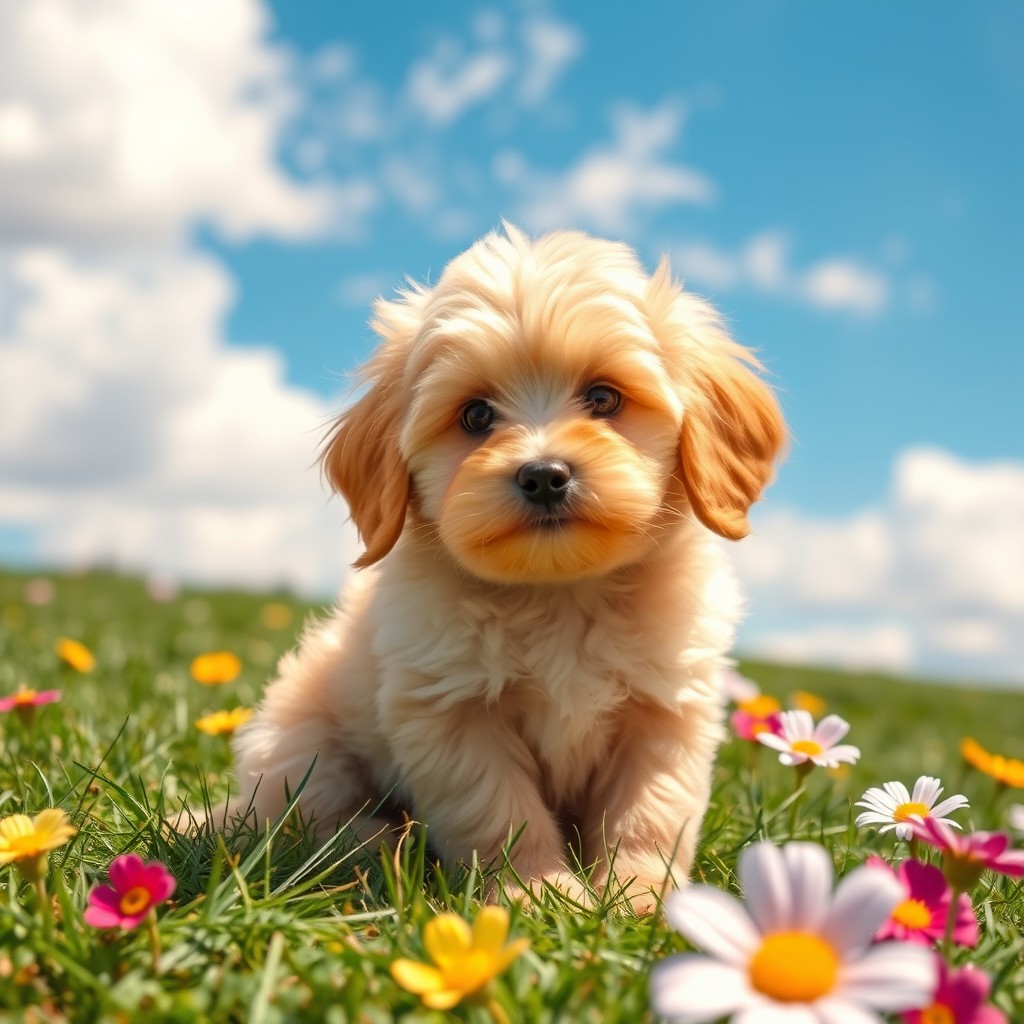 A cute and fluffy puppy sitting on a grassy field, with bright blue skies above and soft white clouds in the background