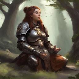 dwarven female kineticist meditates amid nature wearing her heavy armor while controlling energy around her