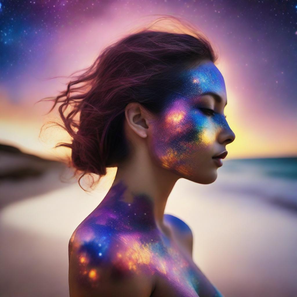 Craft an image of a side-profile woman with a sunset hues reflected in her skin. She is set on a beach, while colliding galaxies paint the backdrop for a magnificent spectacle.