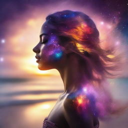 Craft an image of a side-profile woman with a sunset hues reflected in her skin. She is set on a beach, while colliding galaxies paint the backdrop for a magnificent spectacle.