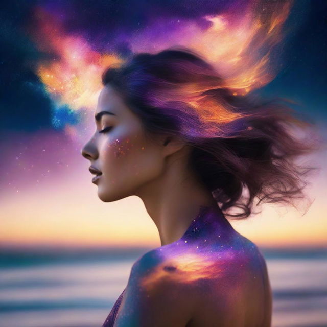 Craft an image of a side-profile woman with a sunset hues reflected in her skin. She is set on a beach, while colliding galaxies paint the backdrop for a magnificent spectacle.