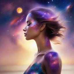 Craft an image of a side-profile woman with a sunset hues reflected in her skin. She is set on a beach, while colliding galaxies paint the backdrop for a magnificent spectacle.