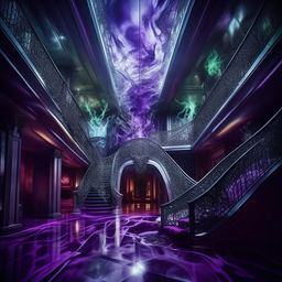 A modern, expansive mansion, mirroring the extravagance of an evil billionaire genius. Splashes of chilling blues, haunting greens, and intense purples hint at malevolence. The grandeur speaks to his towering intellect, while the atmosphere pulses with unyielding fury and formidable power.