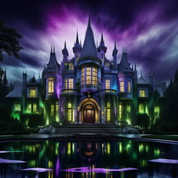 A modern, expansive mansion, mirroring the extravagance of an evil billionaire genius. Splashes of chilling blues, haunting greens, and intense purples hint at malevolence. The grandeur speaks to his towering intellect, while the atmosphere pulses with unyielding fury and formidable power.