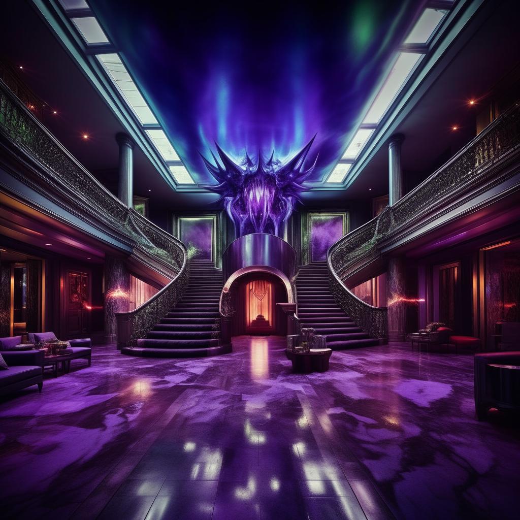 A modern, expansive mansion, mirroring the extravagance of an evil billionaire genius. Splashes of chilling blues, haunting greens, and intense purples hint at malevolence. The grandeur speaks to his towering intellect, while the atmosphere pulses with unyielding fury and formidable power.