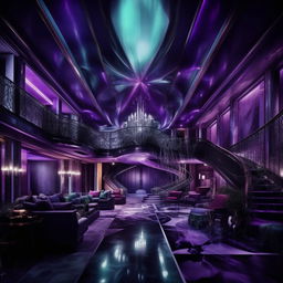 A modern, expansive mansion, mirroring the extravagance of an evil billionaire genius. Splashes of chilling blues, haunting greens, and intense purples hint at malevolence. The grandeur speaks to his towering intellect, while the atmosphere pulses with unyielding fury and formidable power.