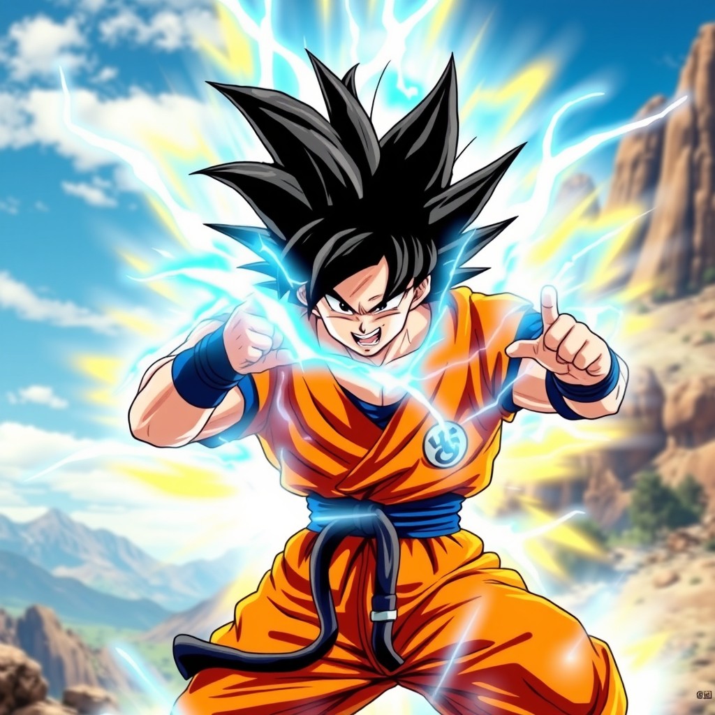 A dynamic and powerful scene featuring Goku from Dragon Ball Z in his iconic orange gi, striking a strong battle pose amidst a vibrant and dramatic aura of energy