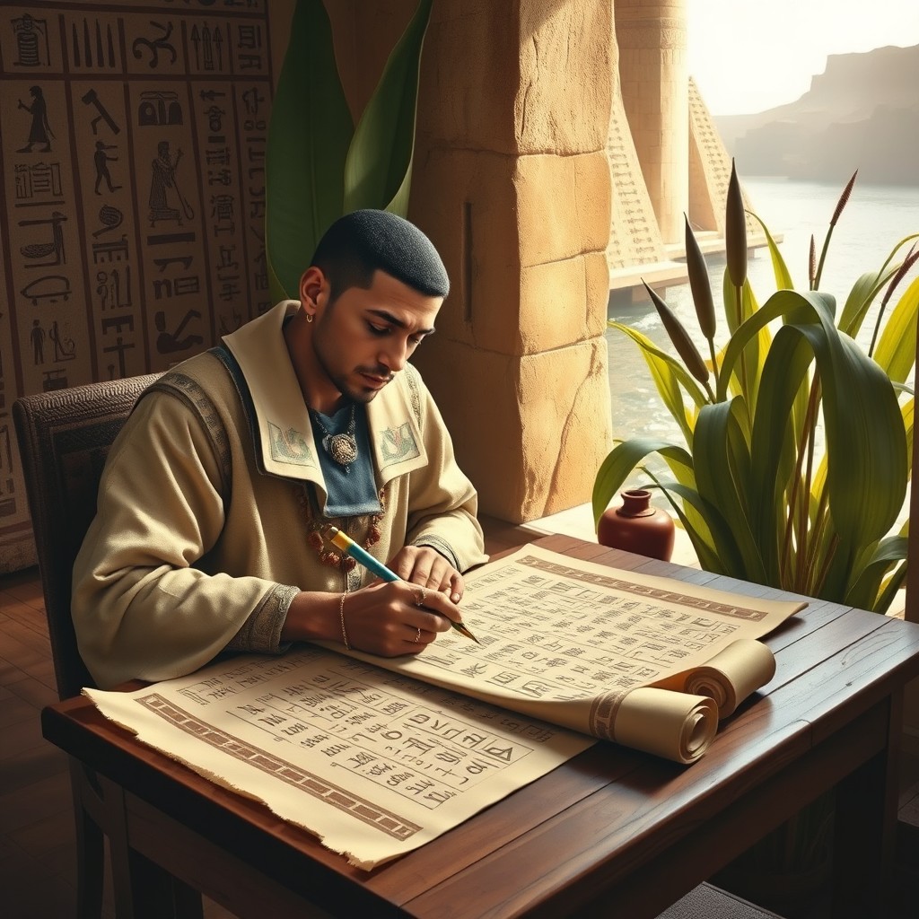 An ancient Egyptian scribe diligently writing on a papyrus scroll, seated at a wooden table adorned with hieroglyphics