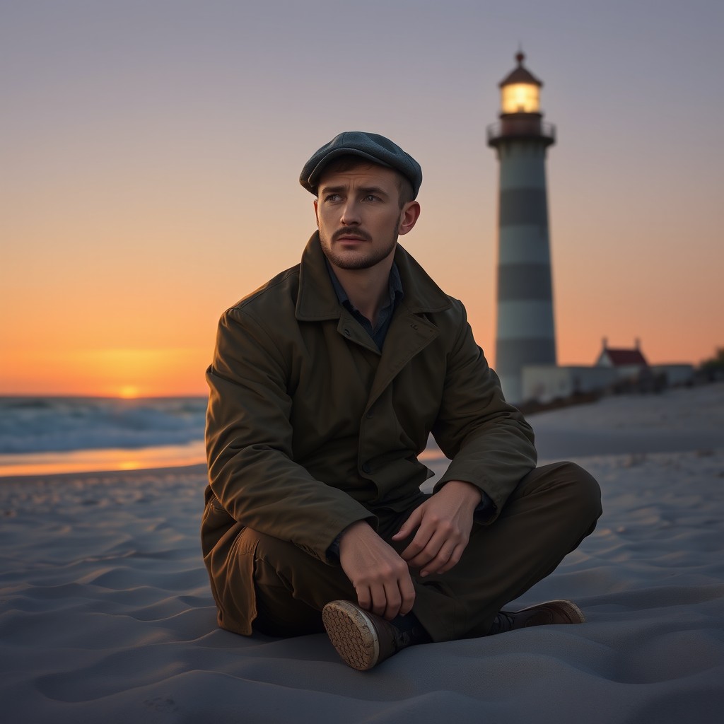 A semi-realistic portrayal of a handsome male lighthouse keeper, sitting on the soft sand of a beach during dusk