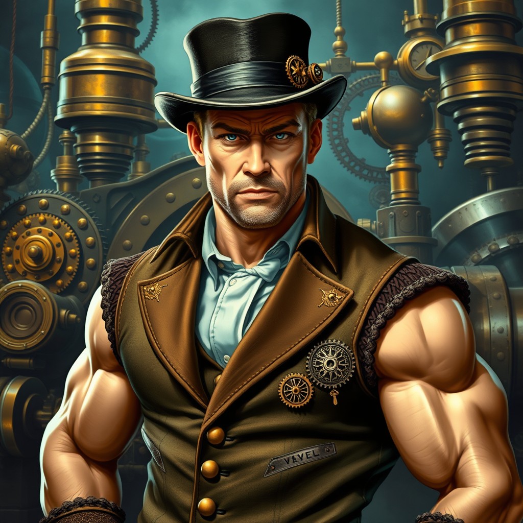 A muscular, strong, and fierce man with short hair wearing a stylish steampunk Victorian outfit
