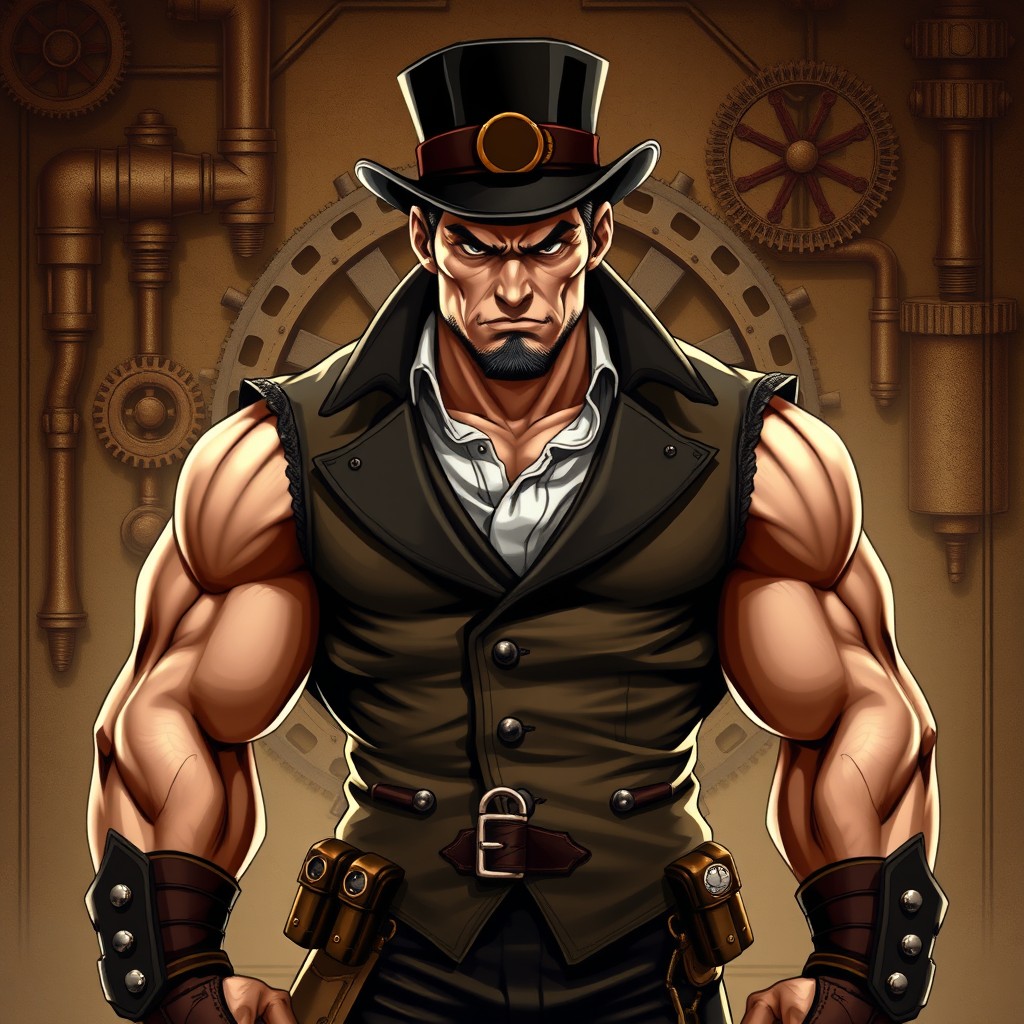 A fierce and muscular man dressed in a steampunk Victorian outfit, featuring short hair, a stylish hat, and a tailored vest