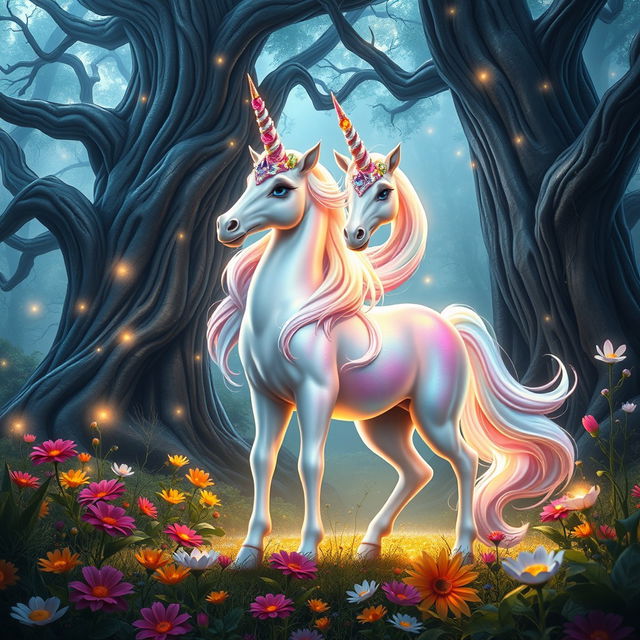 A beautifully designed mystical unicorn standing majestically in a vibrant fantasy forest, with colorful flowers and ethereal plants surrounding it