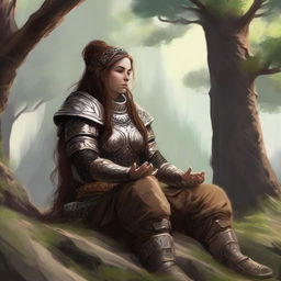 dwarven female kineticist meditates amid nature wearing her heavy armor while controlling energy around her