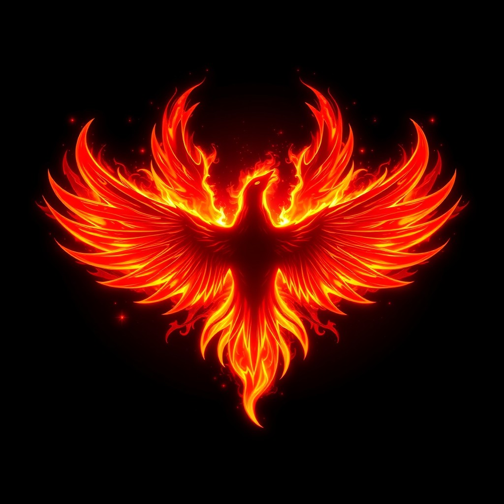 A highly detailed and stylized representation of the Dark Phoenix logo, featuring a fiery bird silhouette enveloped in vibrant flames