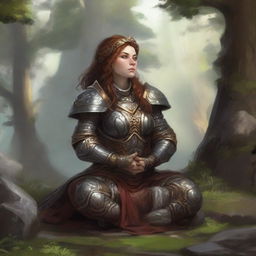 dwarven female kineticist meditates amid nature wearing her heavy armor while controlling energy around her