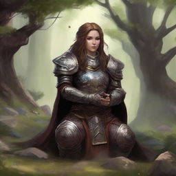 dwarven female kineticist meditates amid nature wearing her heavy armor while controlling energy around her