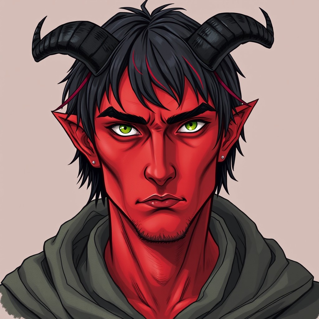 An intriguing head and shoulders portrait of a well-built, lean man around 28 years old, characterized by his striking deep red skin that conveys his otherworldly nature
