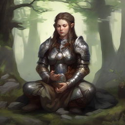 dwarven female kineticist meditates amid nature wearing her heavy armor while controlling energy around her