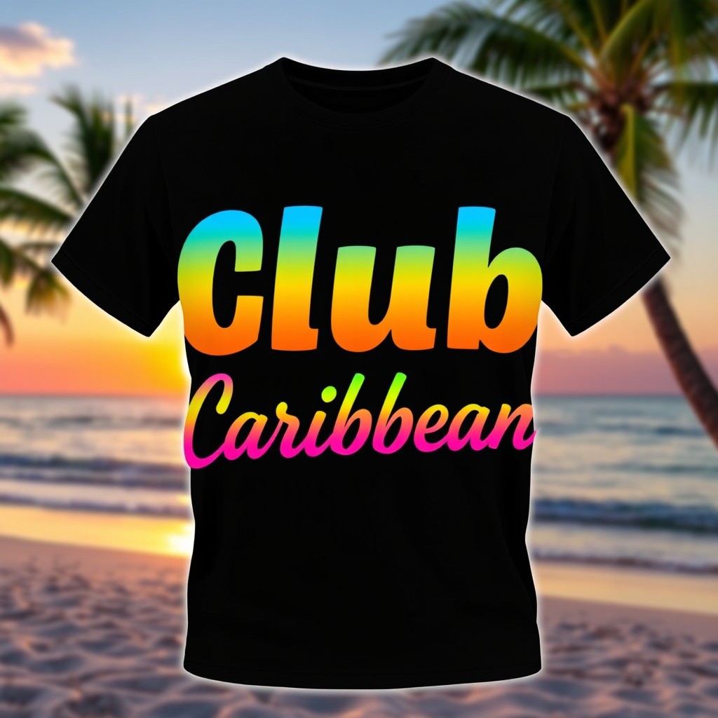 A stylish black shirt featuring the text 'Club Caribbean' prominently displayed in a vibrant, tropical font