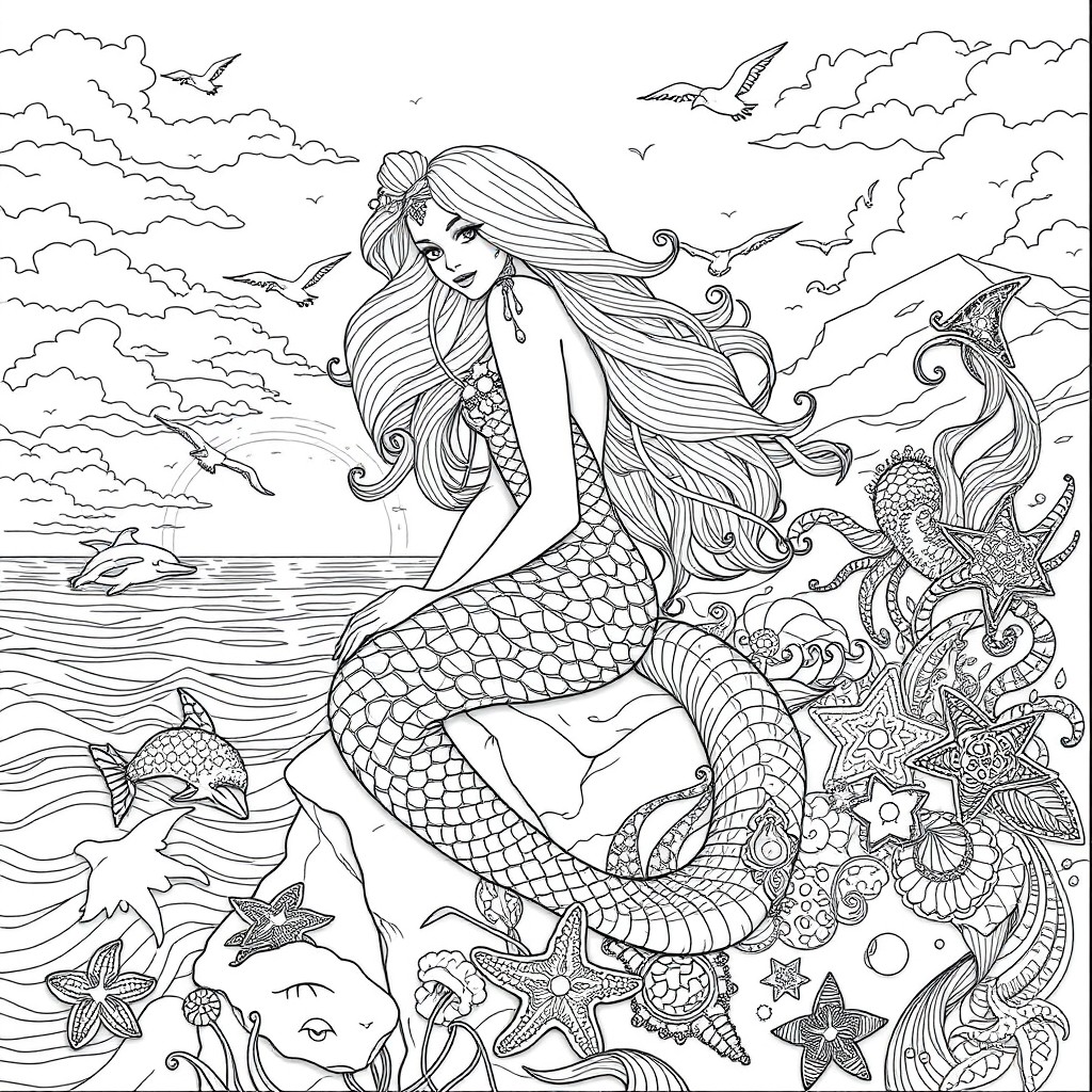 A highly detailed coloring page featuring an alluring siren sitting on a rocky coastline, surrounded by waves and marine life