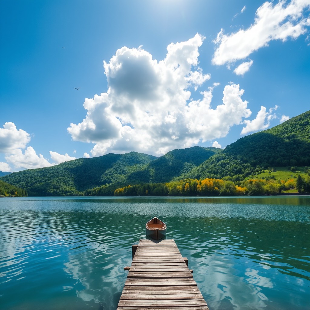 A tranquil landscape showcasing the beauty of a peaceful lake surrounded by lush green hills and vibrant trees, with sunlight reflecting off the water's surface