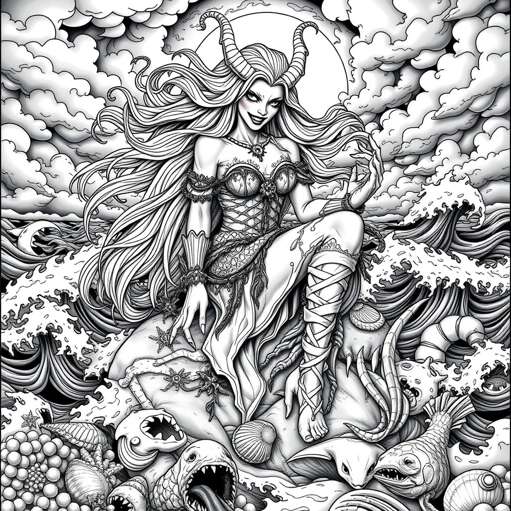 A detailed coloring page featuring an evil siren with long flowing hair, sharp teeth, and an enchanting yet sinister expression