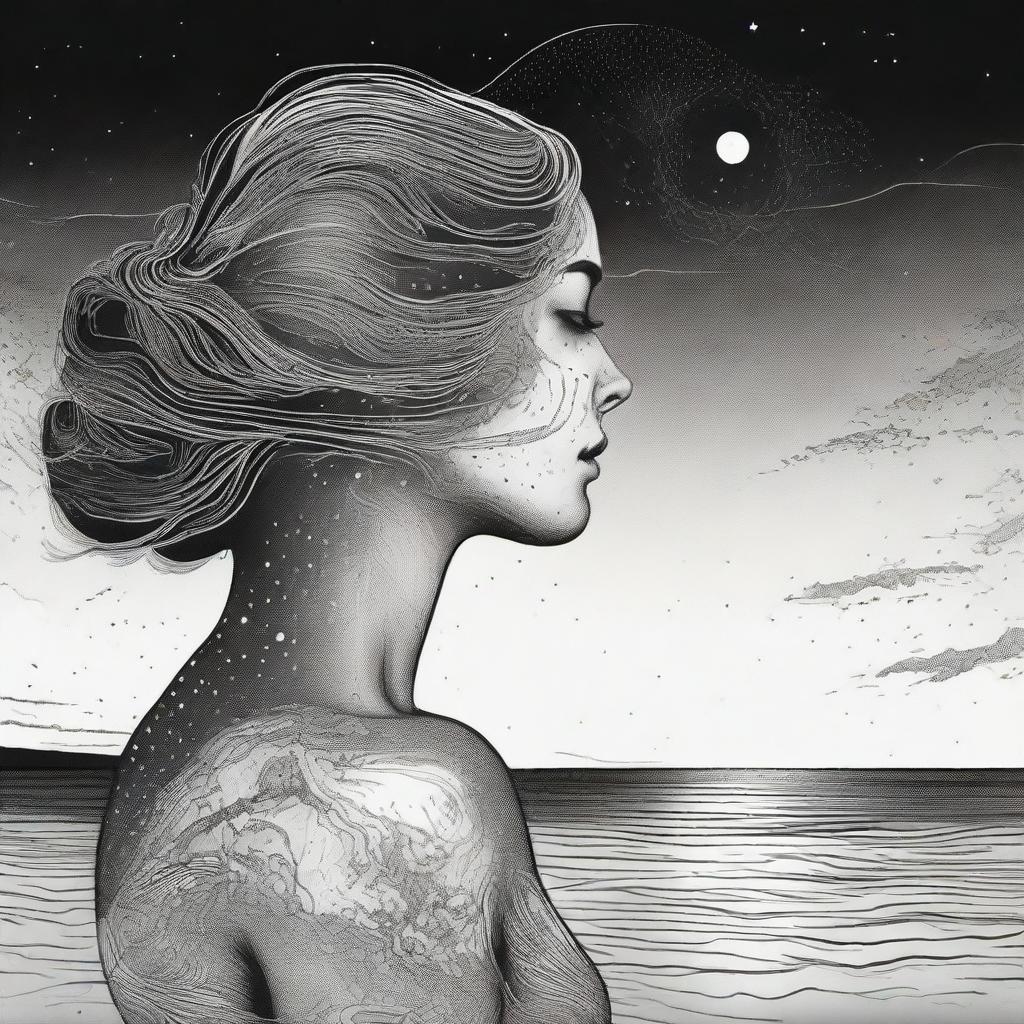 Create a black and white drawing of a side-profile woman with the intricate shading of a sunset reflected in her skin. The setting is a beach with the spectacle of colliding galaxies in the backdrop.