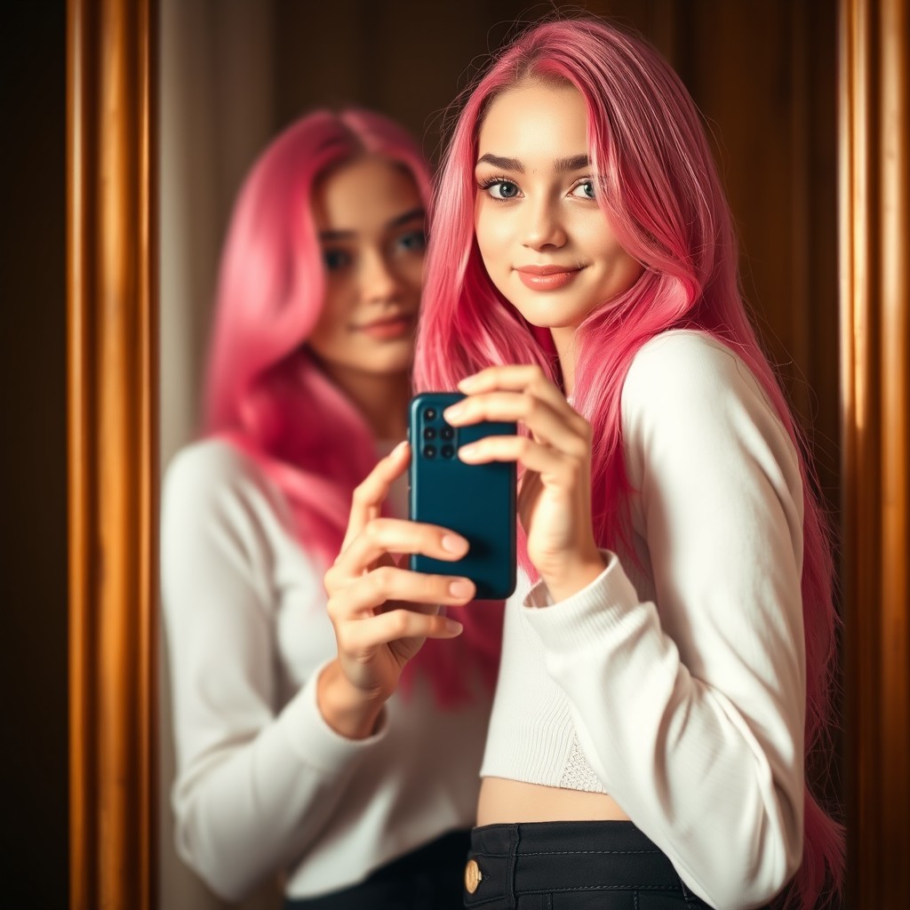 A girl with pink hair taking a photo of herself in front of a mirror, displaying confidence and beauty