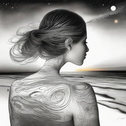 Create a black and white drawing of a side-profile woman with the intricate shading of a sunset reflected in her skin. The setting is a beach with the spectacle of colliding galaxies in the backdrop.