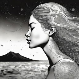 Create a black and white drawing of a side-profile woman with the intricate shading of a sunset reflected in her skin. The setting is a beach with the spectacle of colliding galaxies in the backdrop.