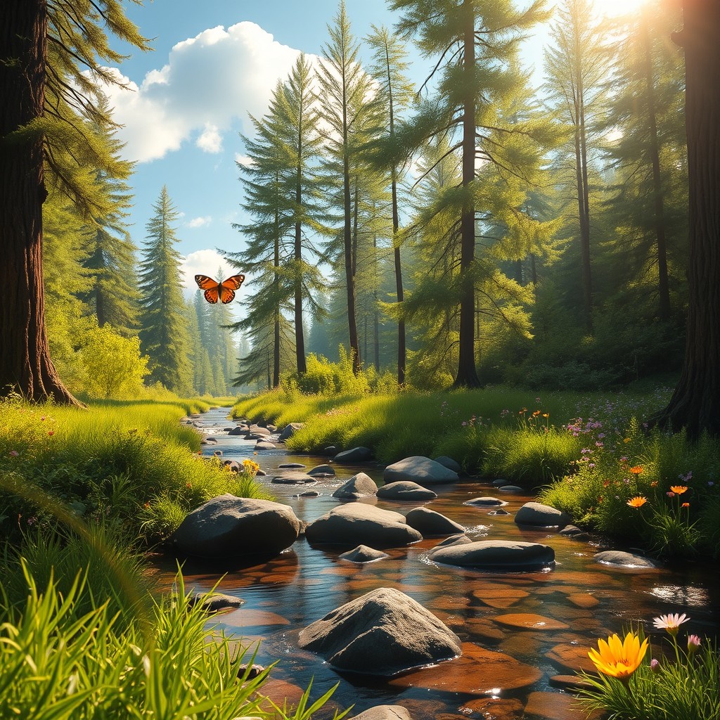 A tranquil forest scene bathed in soft golden sunlight, featuring a serene clear stream with rocks peeking through the water, lush greenery surrounding the area, and colorful wildflowers dotting the landscape