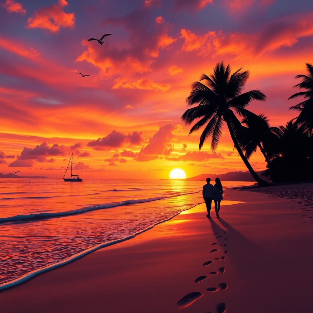 A vibrant and colorful sunset over a serene beach with gentle waves lapping at the shore