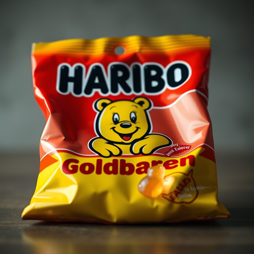 A hyper-realistic depiction of a Haribo Goldbären bag, prominently featuring the iconic golden bear logo